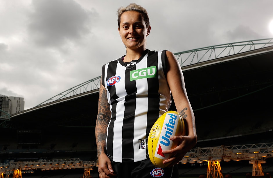 AFL 2016 Media - Womens Marquee Players Announcement MELBOURNE, AUSTRALIA - JULY 27: Moana Hope of the Magpies poses for a photograph during the national women’s league marquee players announcement at Etihad Stadium in Melbourne, Australia on July 27, 2016. (Photo by Michael Willson/AFL Media)